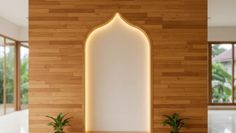 Mihrab dengan panel kayu hangat di rumah Indonesia