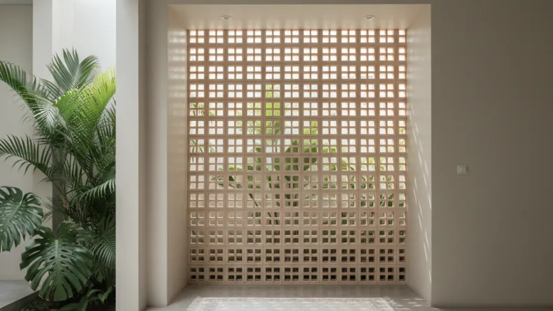 Mihrab modern tropis dengan roster untuk sirkulasi udara di rumah Indonesia