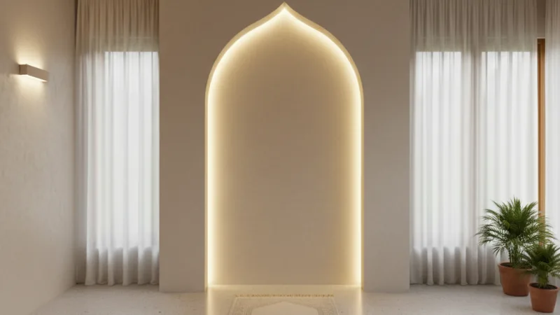 Mihrab minimalis dengan pencahayaan warm light untuk suasana syahdu di rumah Indonesia
