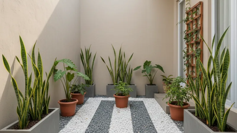 Taman samping rumah minimalis dengan batu koral