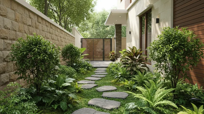 Taman samping dengan stepping stone