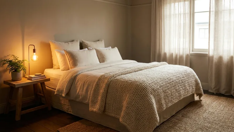 Kamar tidur yang nyaman dengan pencahayaan hangat dan dekorasi personal