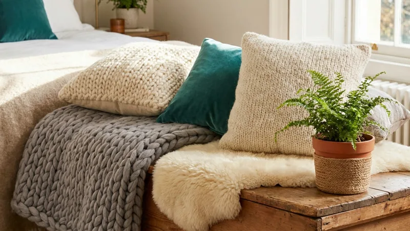 Detail tekstil dan dekorasi kamar tidur yang menghangatkan