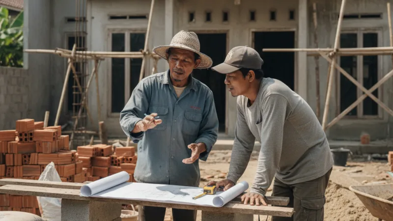 Tukang bangunan lokal Indonesia sedang berdiskusi rencana renovasi rumah