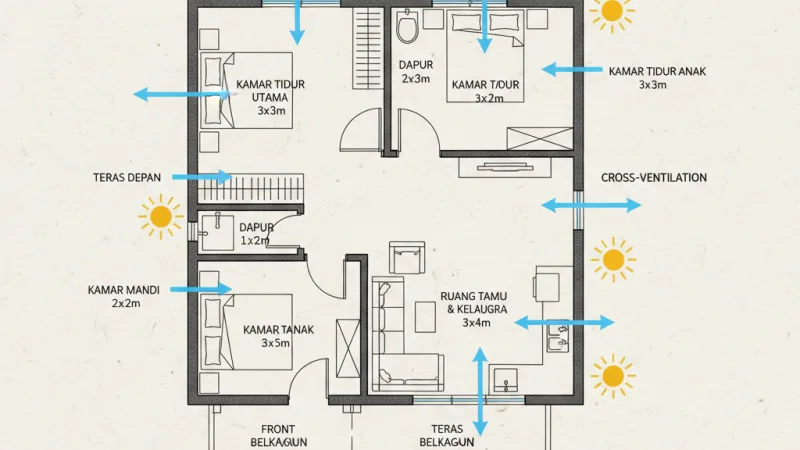 Denah rumah sederhana dengan penanda ventilasi dan pencahayaan alami
