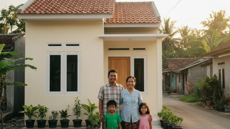 Keluarga Indonesia di depan rumah sederhana yang telah direnovasi melalui BSPS