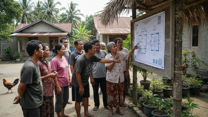 Warga desa berdiskusi dan mengawasi proyek renovasi rumah di papan informasi