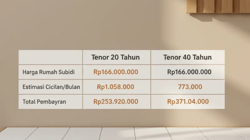 Tabel perbandingan simulasi cicilan KPR rumah subsidi tenor 20 tahun vs 40 tahun