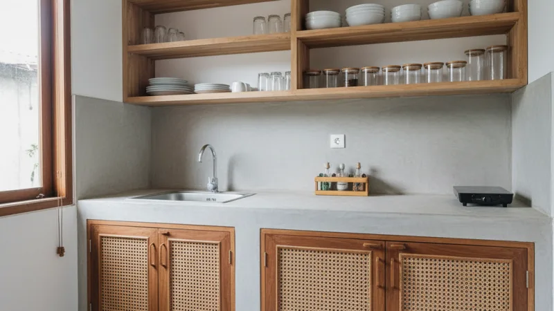 Rak dinding di dapur kecil