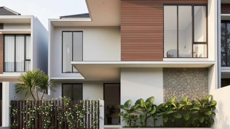 Fasad rumah minimalis modern tropis dengan kombinasi cat putih, WPC, dan batu alam