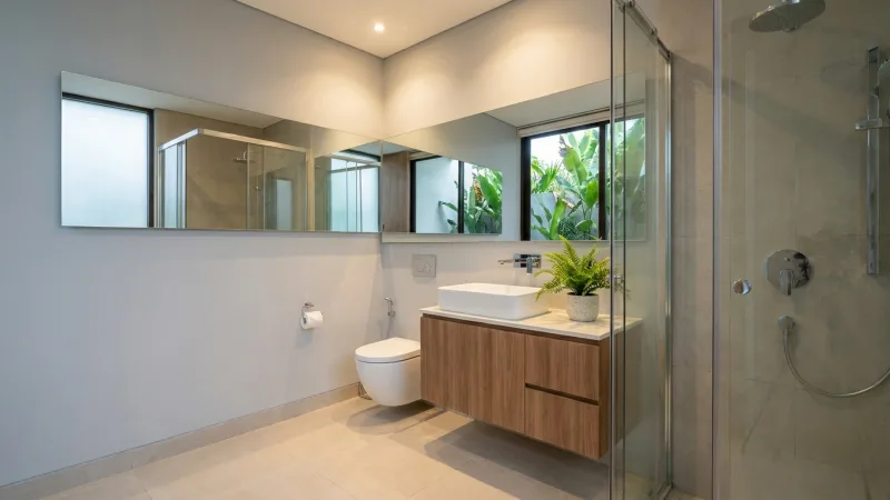 Desain kamar mandi sempit estetik dengan toilet gantung dan cermin besar