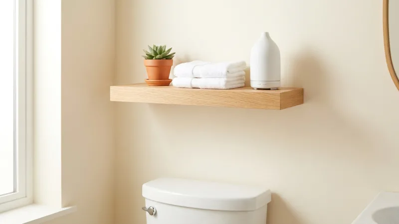 Dekorasi minimalis di kamar mandi sempit dengan rak dinding dan tanaman