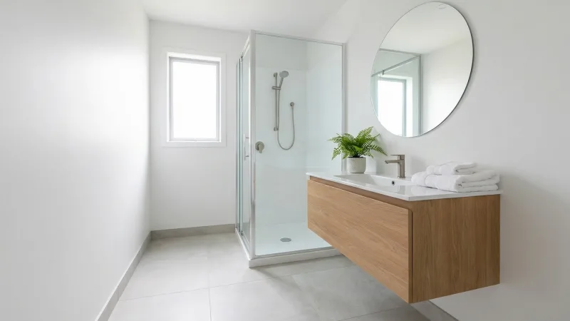 Kamar mandi kecil yang terang dengan wastafel minimalis dan cermin bulat