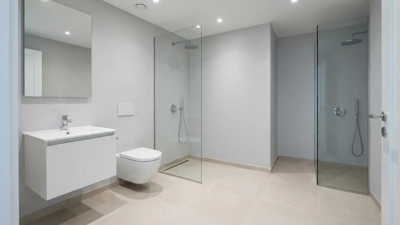 Penataan kamar mandi sempit dengan toilet gantung dan wastafel floating