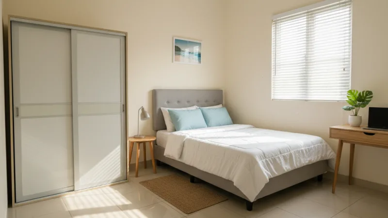 Kamar kost 3x3 meter minimalis yang nyaman dengan jendela dan furnitur fungsional.