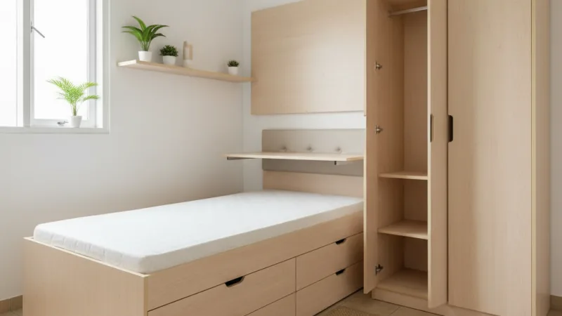 Furnitur multifungsi untuk kamar kost kecil, seperti ranjang dengan laci dan meja lipat.