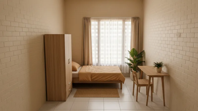 Denah layout kamar kost 3x3 meter tanpa kamar mandi dalam.