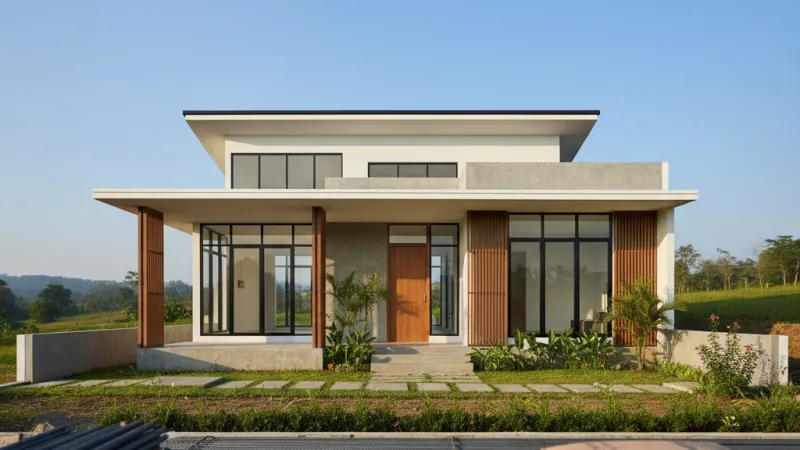 Rumah modern minimalis di Indonesia dengan material bangunan di latar depan, melambangkan dampak ekonomi