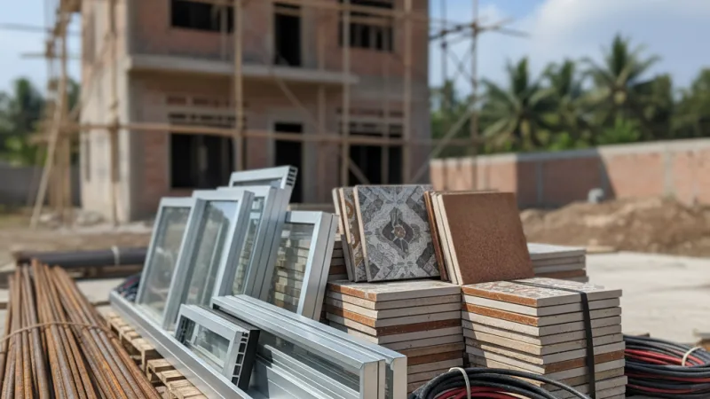 Berbagai material konstruksi seperti baja, aluminium, dan keramik di lokasi proyek pembangunan rumah di Indonesia