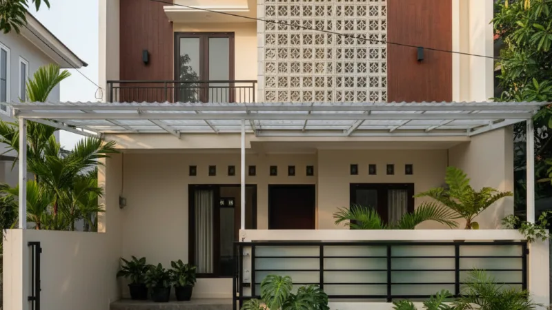 Fasad rumah minimalis 6x12 modern tropis 2 lantai dengan roster dan kanopi