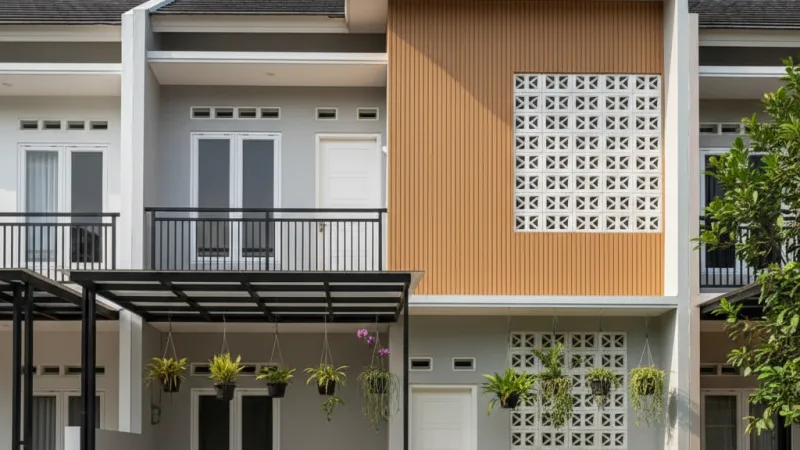 Fasad rumah minimalis 2 lantai 6x12 modern tropis