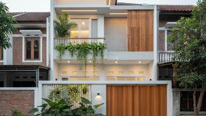 Fasad rumah minimalis modern di lahan 6x12 meter dengan nuansa tropis