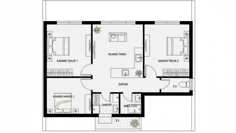 Denah rumah minimalis 1 lantai ukuran 6x12 meter