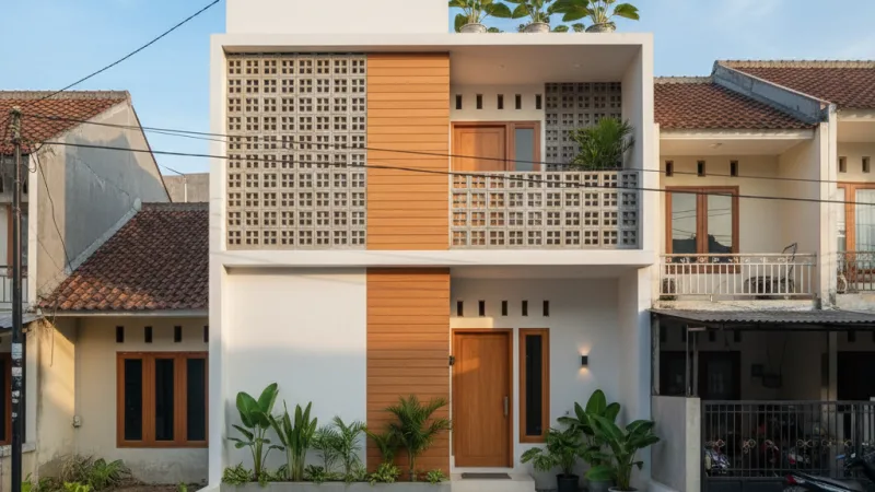 Contoh fasad rumah minimalis 6x12 dengan kombinasi roster dan panel kayu