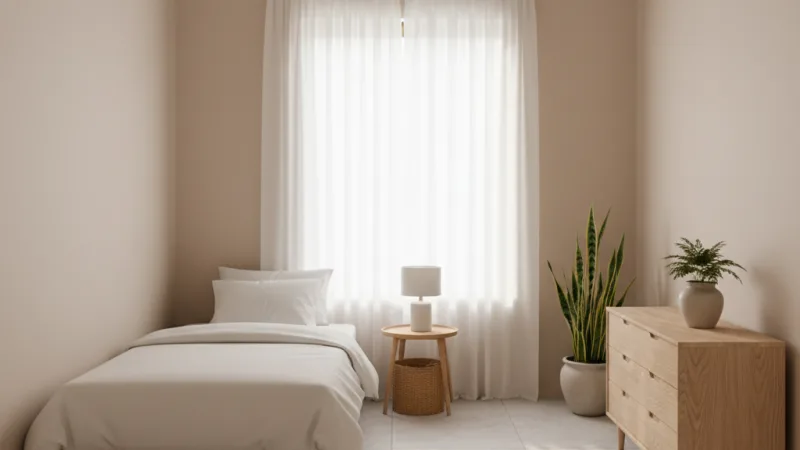 Kamar tidur 3x3 meter bergaya minimalis tropis dengan kasur single, dinding beige, dan cahaya alami