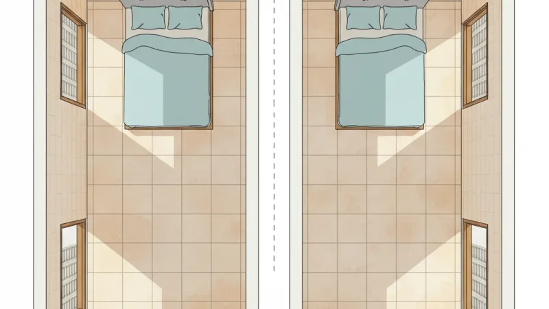 Ilustrasi perbandingan layout kasur single dan queen di kamar tidur 3x3