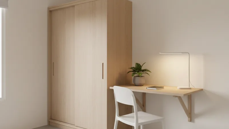 Sudut kamar 3x3 dengan lemari pintu geser dan meja kerja lipat yang efisien
