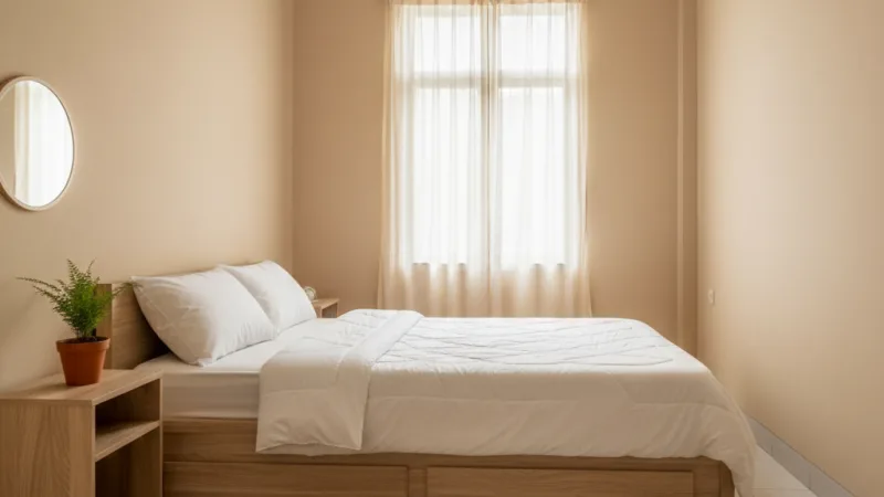 Kamar tidur 3x3 dengan dinding warna sage green atau beige untuk kesan luas