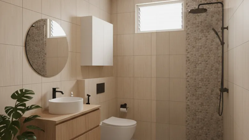 Desain kamar mandi 1.5x2 meter minimalis yang fungsional dan bersih dengan partisi shower.