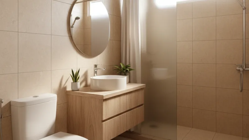 Kamar mandi 1.5x2 meter dengan desain minimalis, keramik terang, dan pencahayaan alami.