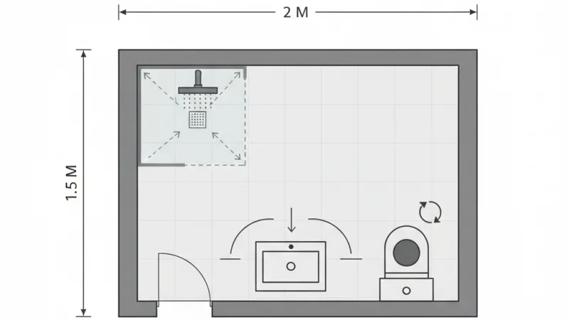 Denah layout kamar mandi 1.5x2 meter yang optimal dengan penempatan kloset, wastafel, dan shower.