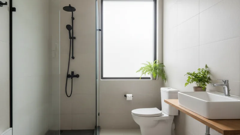 Pemisahan area basah dan kering di kamar mandi kecil menggunakan tirai shower atau partisi kaca pendek.