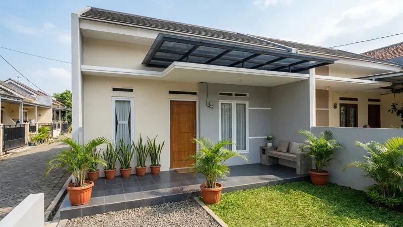 Tampilan depan rumah subsidi yang telah direnovasi dengan gaya minimalis modern, dilengkapi kanopi dan taman kecil