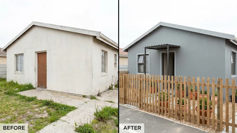 Perbandingan visual 'sebelum' dan 'sesudah' renovasi eksterior rumah subsidi dengan penambahan cat, pagar, dan tanaman hias