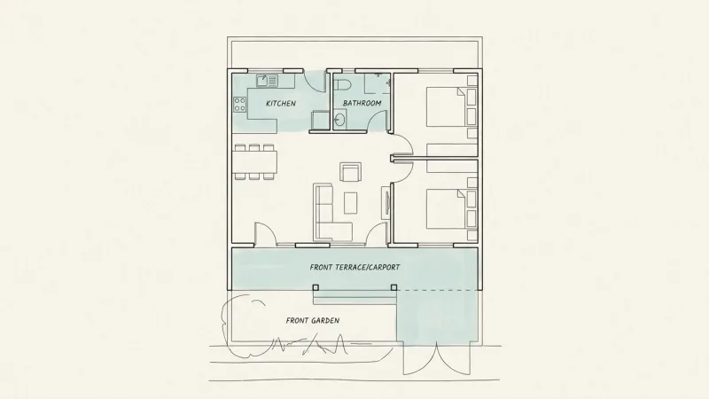 Ilustrasi denah rumah subsidi dengan area prioritas renovasi seperti dapur, kamar mandi, dan teras yang ditandai