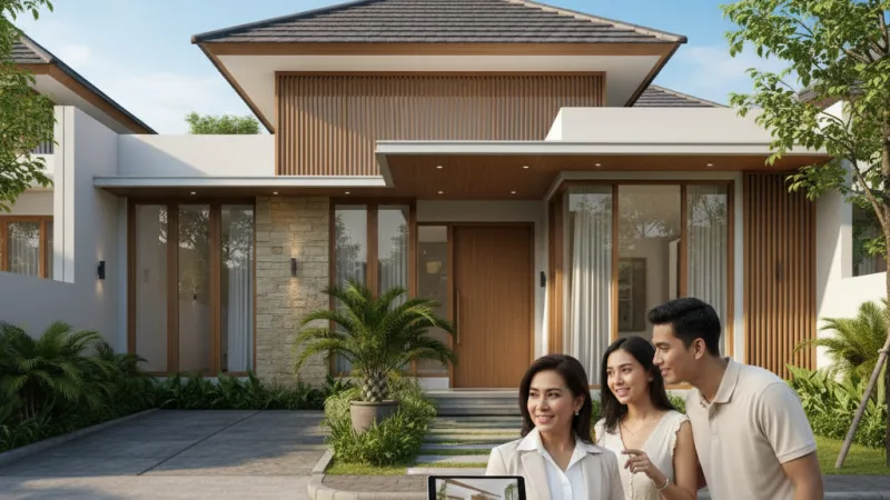 Agen properti Indonesia sedang menunjukkan rumah minimalis tropis kepada pasangan muda