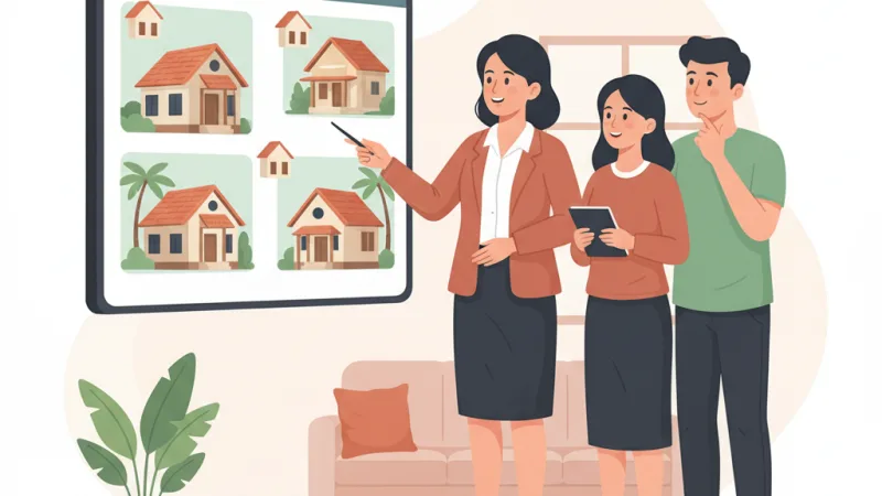 Ilustrasi agen properti membantu klien memilih properti