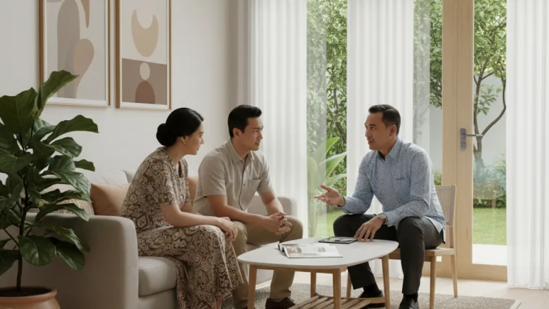 Agen properti Indonesia sedang berkomunikasi dengan klien di ruang tamu