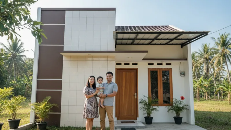 Keluarga muda Indonesia di depan rumah subsidi pertama mereka