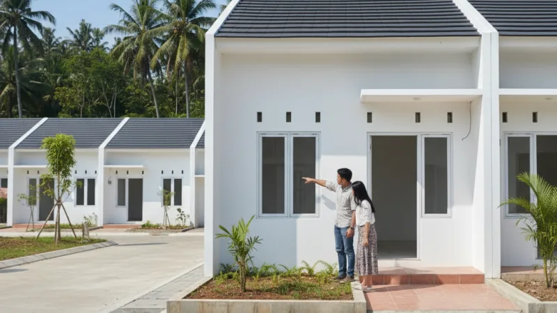 Pasangan muda mengecek kualitas rumah subsidi dan lingkungan sekitar