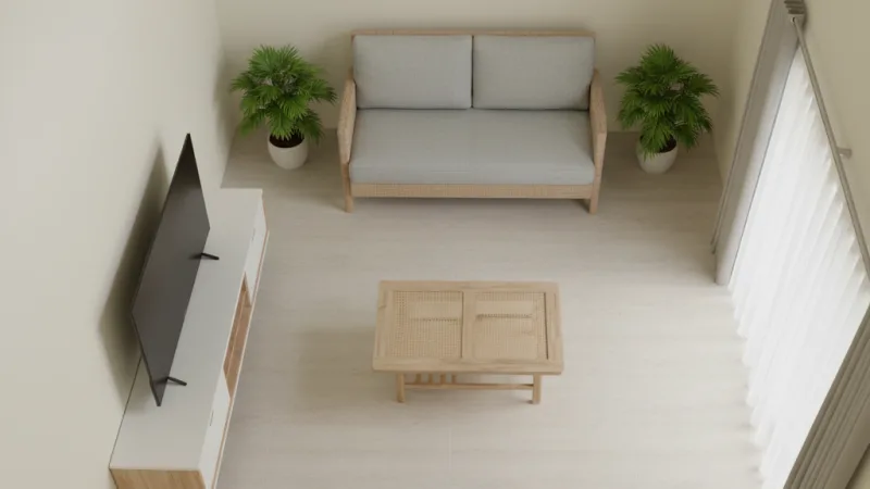 Ilustrasi tata letak ruang tamu tipe 36 dengan sofa 2-seater dan rak TV dinding untuk sirkulasi optimal