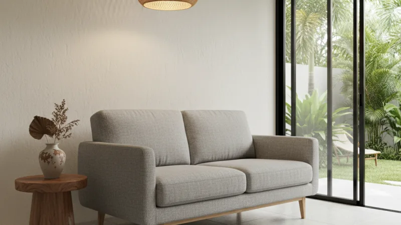 Sofa 2-seater abu-abu muda dengan kaki ramping, ideal untuk ruang tamu minimalis tipe 36