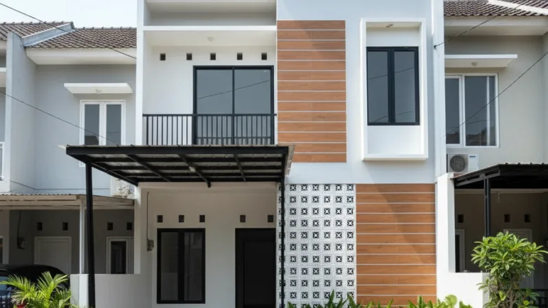 Fasad rumah minimalis 2 lantai modern tropis di lahan 6x12 meter