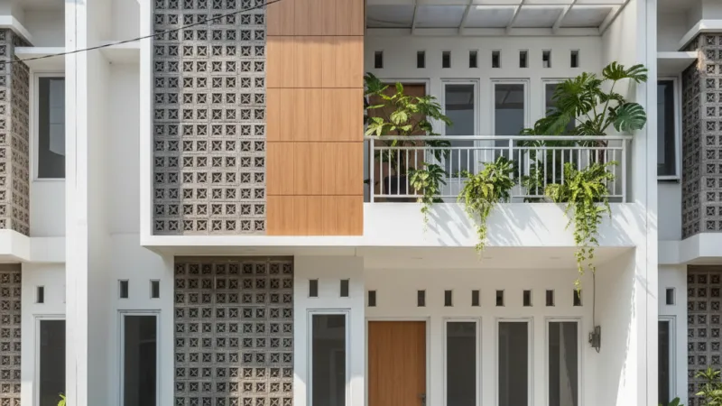 Fasad rumah minimalis 2 lantai dengan sentuhan modern tropis