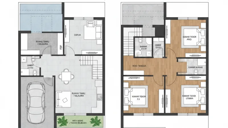 Denah rumah minimalis 2 lantai lahan 6x12 meter