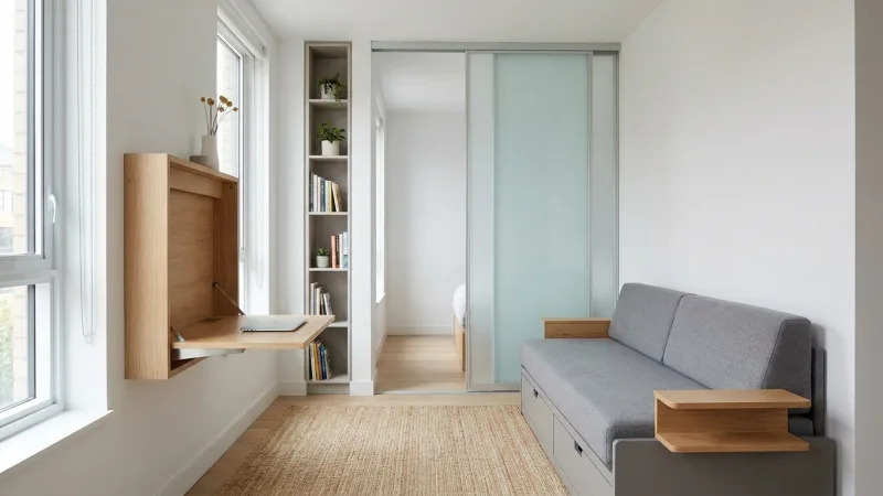 Interior ruang tamu minimalis dengan furnitur multifungsi dan penyimpanan vertikal